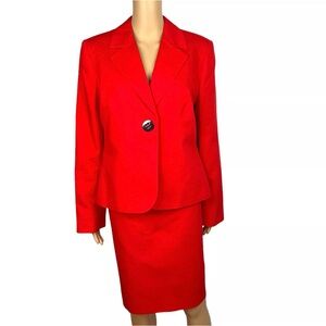 Calvin Klein Cotton Polyester Skirt Suit Size 14 Red Lined Notch Collar 2PC